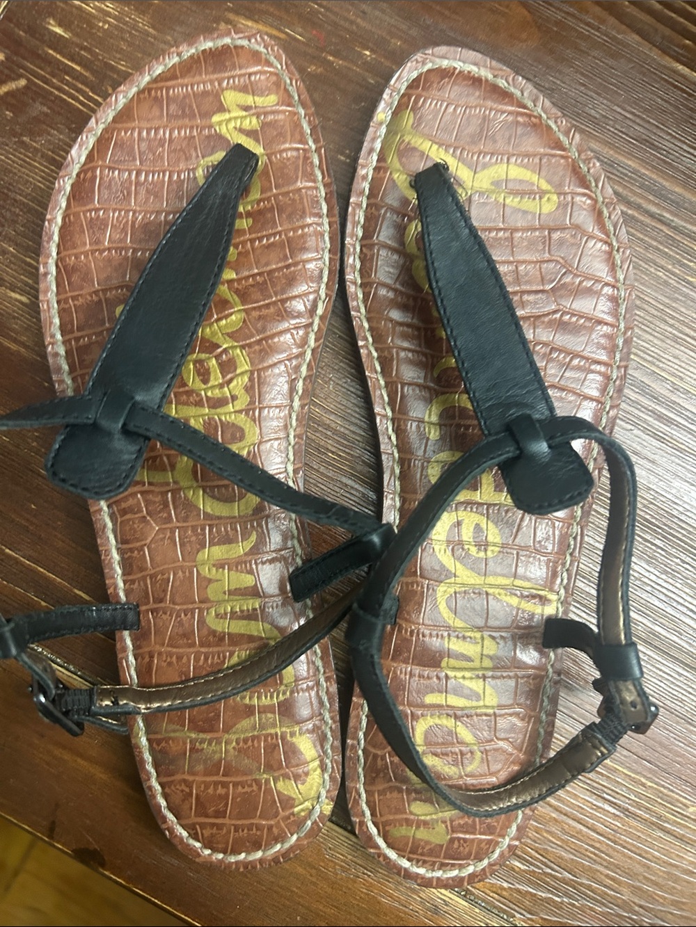 Sam Edelman Croc-Embossed Leather Sandals with Black Straps